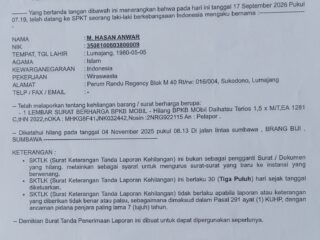 Pengumuman BPKB Mobil Hilang Atas Nama M Hasan Anwar